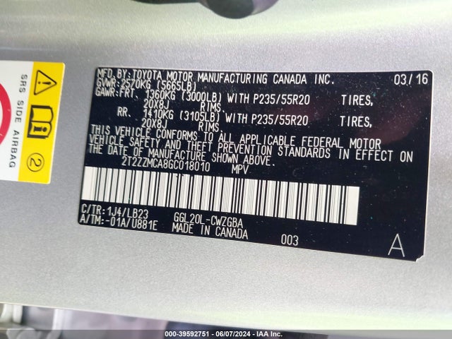 Lexus RX 350 2016 2T2ZZMCA8GC018010 Image 9