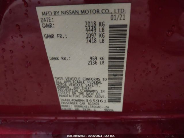 1N4BL4DW8MN345961 Nissan Altima Sv Intelligent Awd