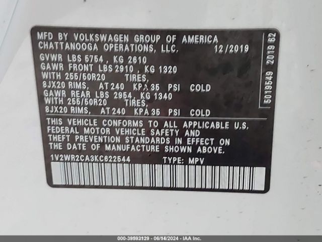 1V2WR2CA3KC622544 Volkswagen Atlas 3.6l V6 Se W/technology