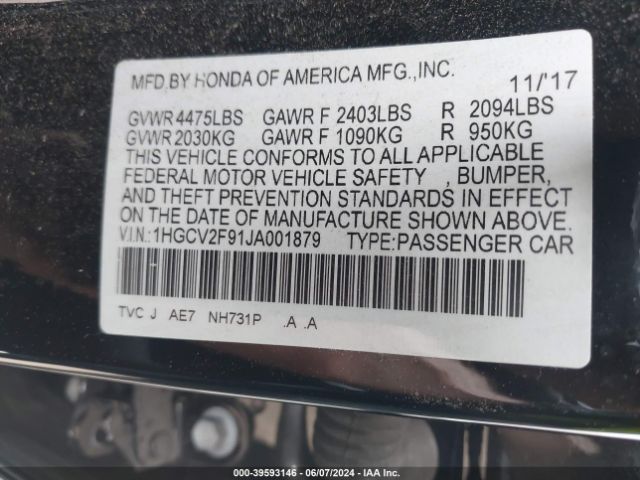 1HGCV2F91JA001879 Honda Accord Touring 2.0t