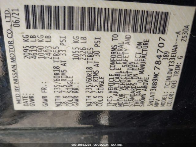 5N1AT3BB9MC784707 Nissan Rogue Sv Intelligent Awd