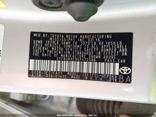 Toyota COROLLA L 2016 5YFBURHE9GP472506 Image 9