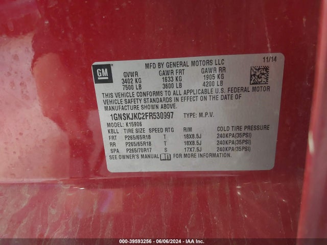 Chevrolet Suburban 1500 Lt 2015 1GNSKJKC2FR530997 Image 9