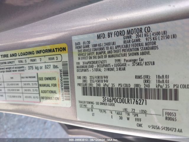 3FA6P0CD0LR176271 Ford FUSION SEL
