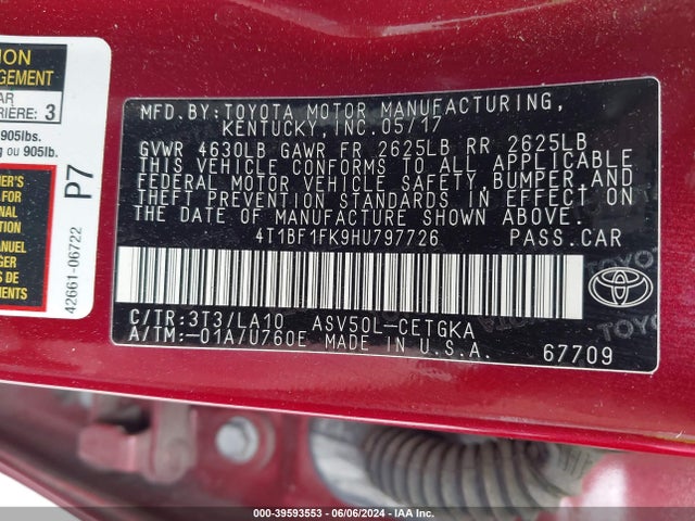 Toyota CAMRY XLE 2017 4T1BF1FK9HU797726 Image 9