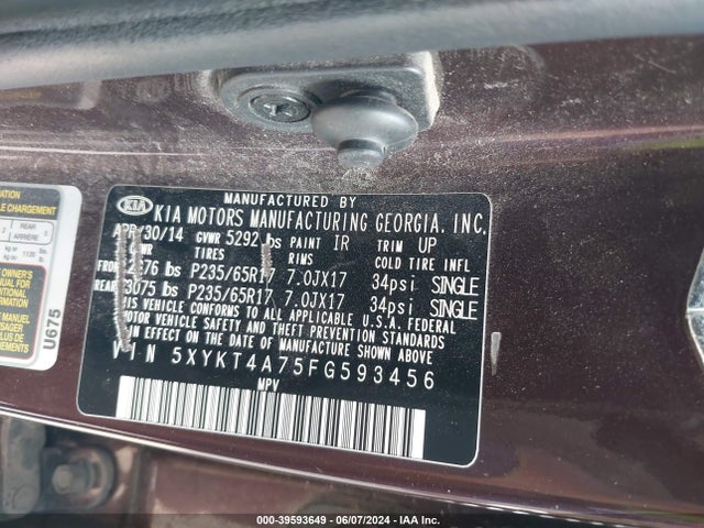 KIA Sorento Lx V6 2015 5XYKT4A75FG593456 Image 9