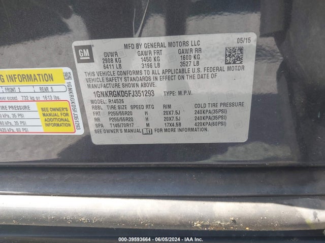 Chevrolet Traverse 1lt 2015 1GNKRGKD5FJ351293 Image 9