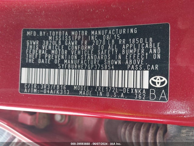 Toyota COROLLA LE 2016 5YFBURHE7GP375854 Image 9