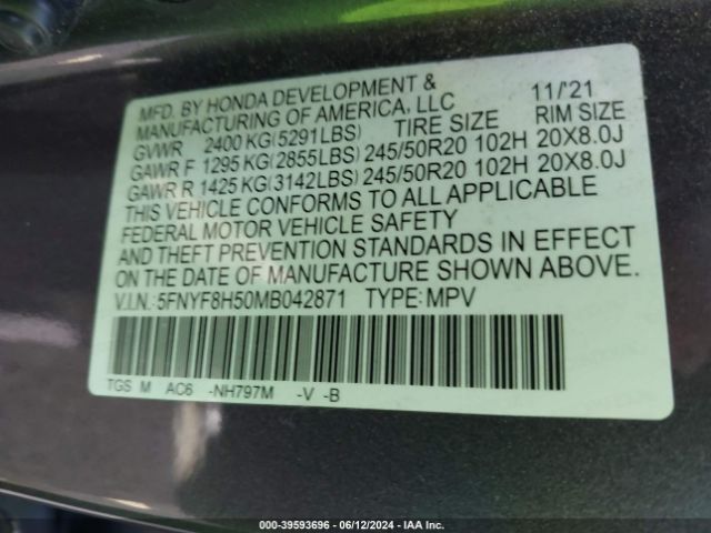 5FNYF8H50MB042871 Honda Passport Awd Ex-l