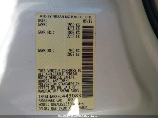 Nissan Altima 2.5 Sl 2015 1N4AL3APXFC443083 Image 9