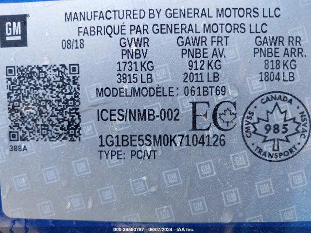Chevrolet CRUZE LT 2019 1G1BE5SM0K7104126 Image 9