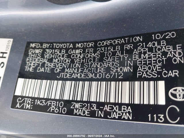 Toyota Corolla Hybrid Le 2021 JTDEAMDE3MJ016712 Image 9