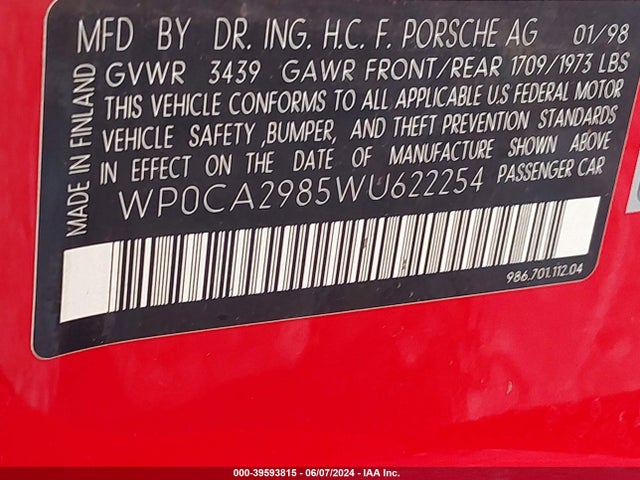 1998 PORSCHE BOXSTER WP0CA2985WU622254 Photo 8