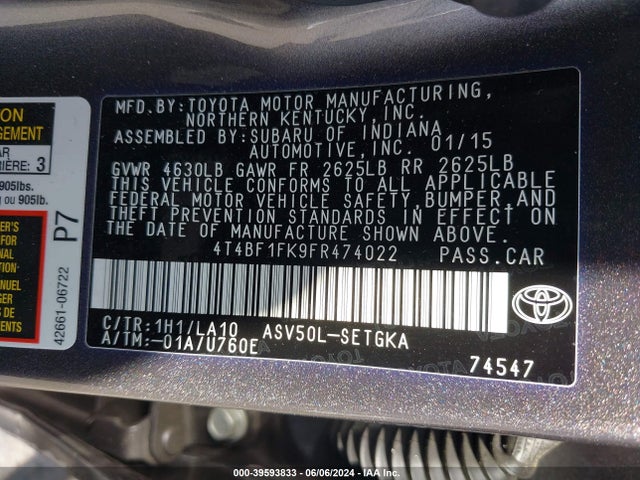 Toyota CAMRY XLE 2015 4T4BF1FK9FR474022 Image 9
