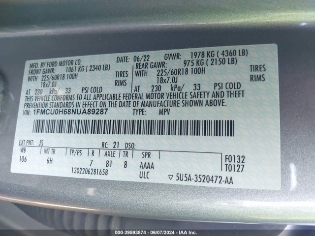 Ford ESCAPE SEL 2022 1FMCU0H68NUA89287 Image 9