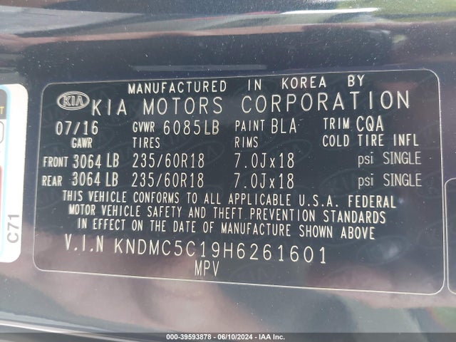 KIA SEDONA EX 2017 KNDMC5C19H6261601 Image 9