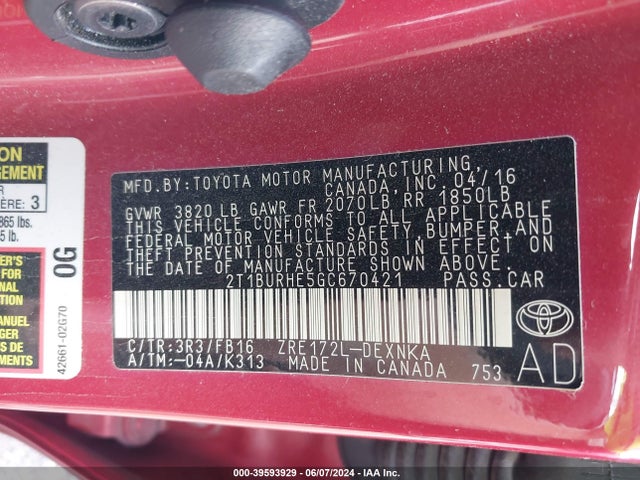 Toyota COROLLA LE 2016 2T1BURHE5GC670421 Image 9