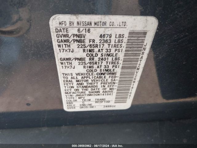 JN8AT2MV2GW141841 Nissan ROGUE S