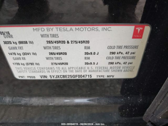 5YJXCBE25GF004715 Tesla Model X 60d/70d/75d/90d/p100d
