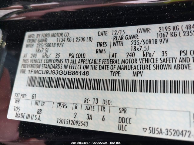 Ford Escape Titanium 2016 1FMCU9J93GUB86148 Image 9