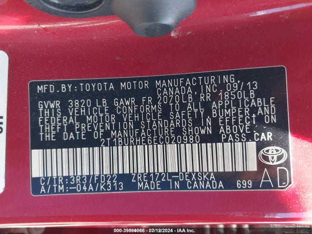 Toyota Corolla S Plus 2014 2T1BURHE6EC020980 Image 9