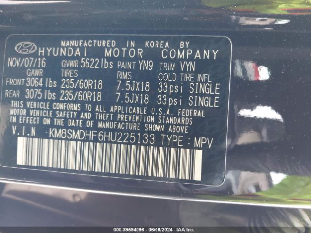 KM8SMDHF6HU225133 Hyundai Santa Fe Se