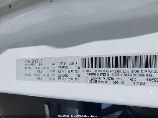 3C6TRVAG1GE106784 RAM Promaster 1500 Low Roof