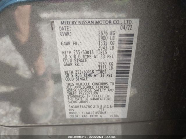 5N1DR3BA7NC253316 Nissan Pathfinder Sv 2wd