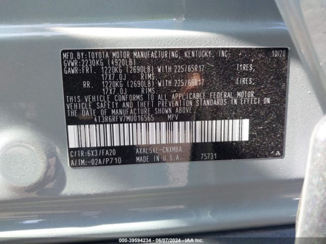 4T3R6RFV7MU016565 Toyota Rav4 Xle Hybrid