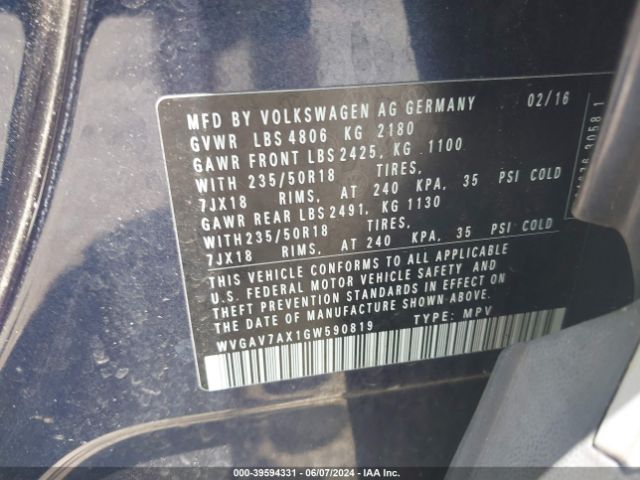 WVGAV7AX1GW590819 Volkswagen TIGUAN SE