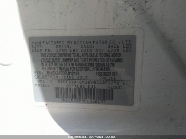 3N1CN7AP3FL812197 Nissan Versa 1.6 S/1.6 S+/1.6 Sl/1.6 Sv