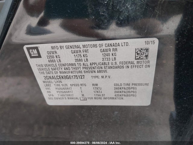 Chevrolet EQUINOX LT 2016 2GNALCEK8G6175127 Image 9