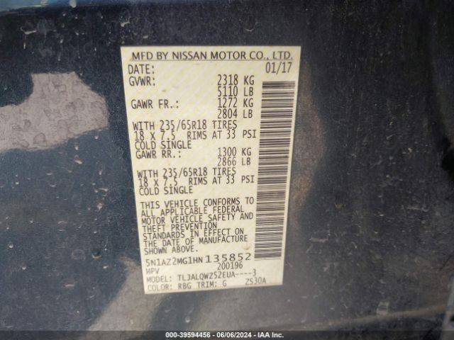 5N1AZ2MG1HN135852 Nissan MURANO SV