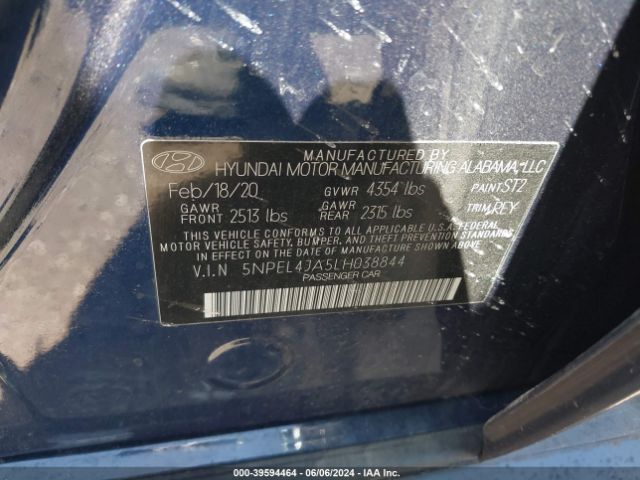 5NPEL4JA5LH038844 Hyundai SONATA SEL