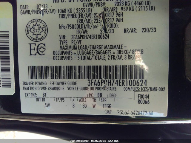 Ford FUSION SE 2014 3FA6P0H74ER100624 Image 9