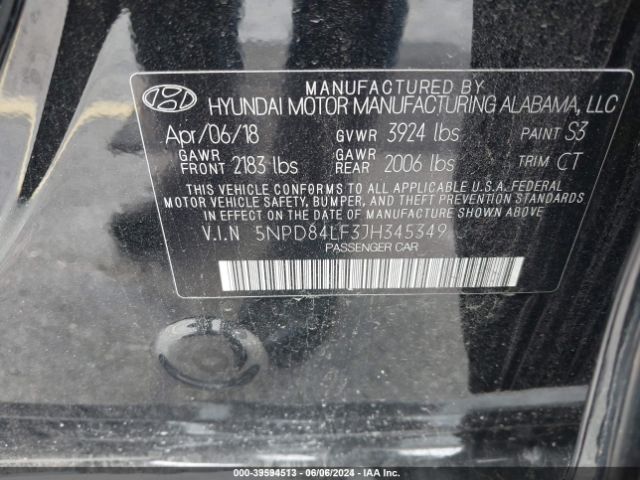 5NPD84LF3JH345349 Hyundai ELANTRA SEL
