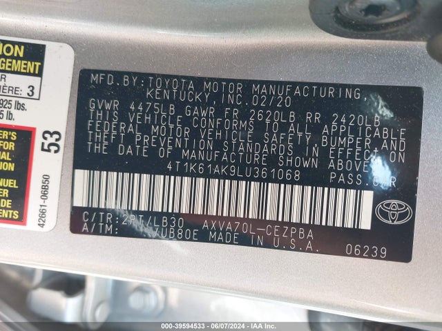 Toyota CAMRY XSE 2020 4T1K61AK9LU361068 Image 9
