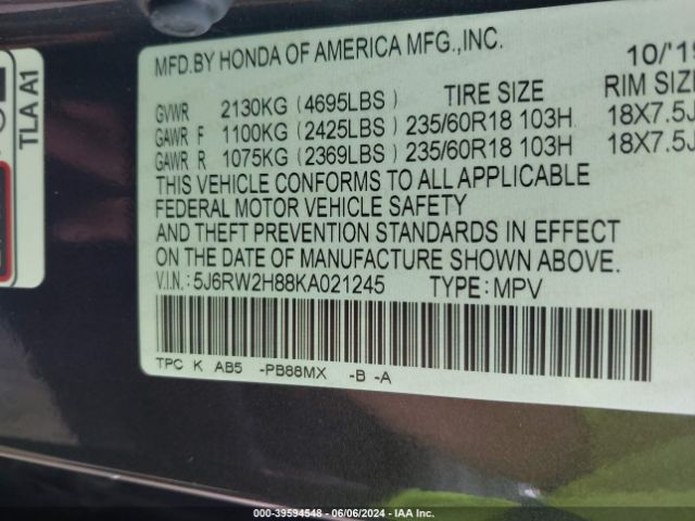 5J6RW2H88KA021245 Honda Cr-v Ex-l
