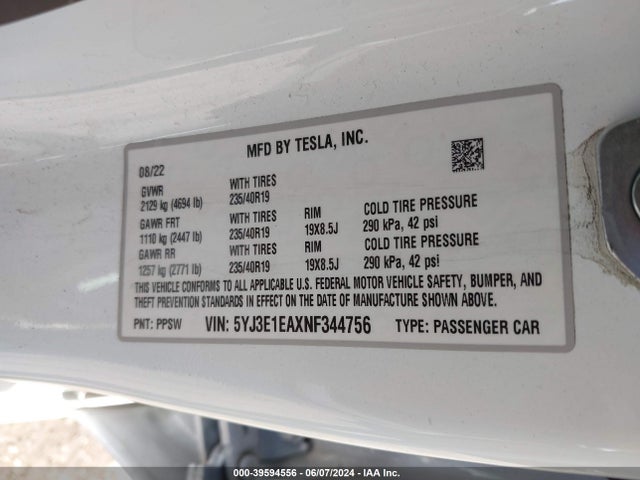 2022 TESLA MODEL 3 5YJ3E1EAXNF344756 Photo 8