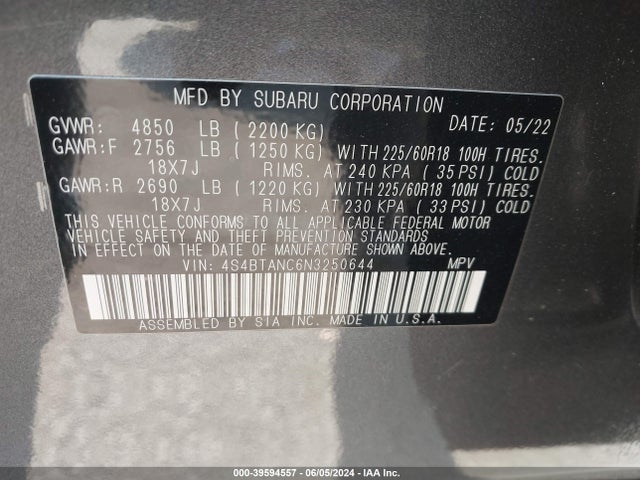 Subaru Outback Limited 2022 4S4BTANC6N3250644 Image 9