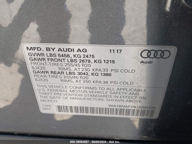 WA1BNAFY9J2093145 Audi Q5 2.0t Premium/2.0t Tech Premium
