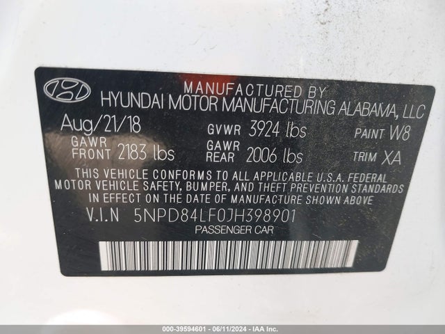 Aukcja sprzedaży 2018 Hyundai Elantra Sel, vin: 5NPD84LF0JH398901, numer aukcji: 39594601