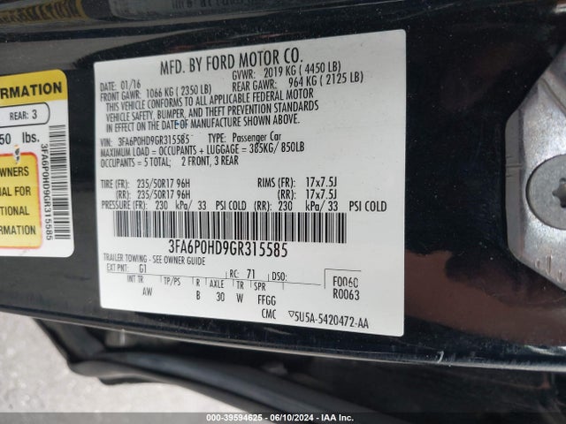 Ford FUSION SE 2016 3FA6P0HD9GR315585 Image 9