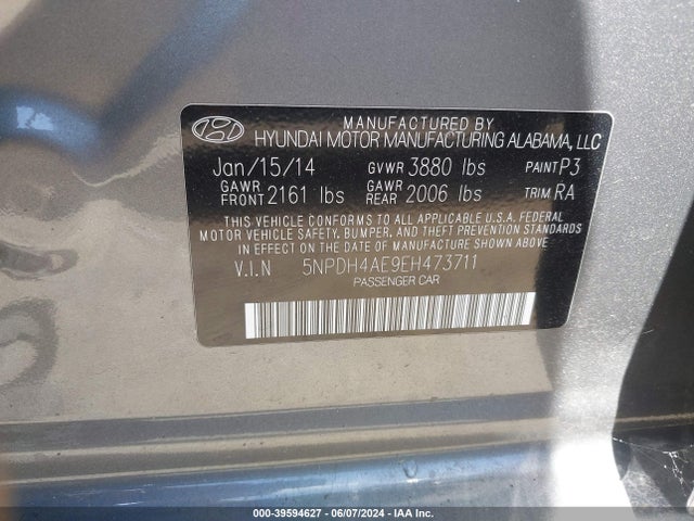 5NPDH4AE9EH473711 Hyundai ELANTRA SE