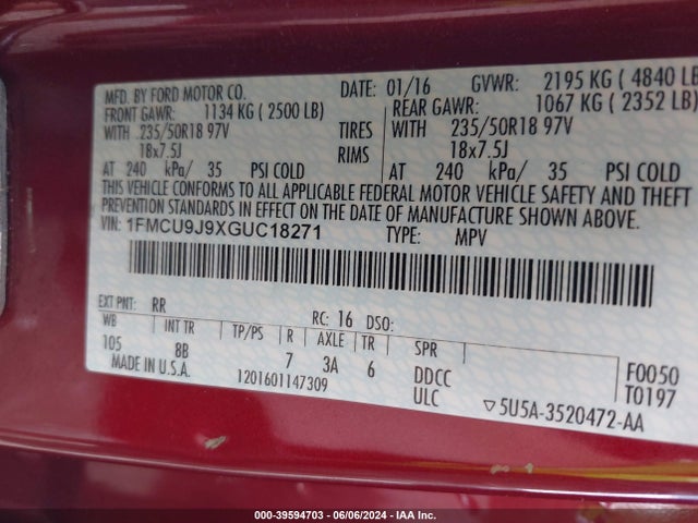 Ford Escape Titanium 2016 1FMCU9J9XGUC18271 Image 9
