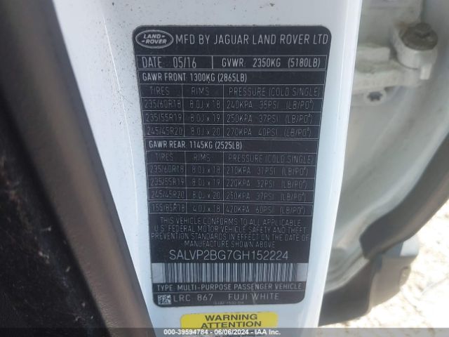 SALVP2BG7GH152224 Land Rover Range Rover Evoque Se/se Premium