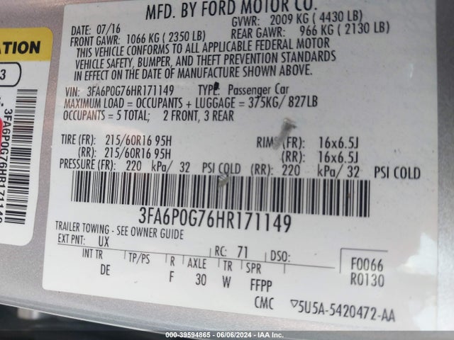 Ford FUSION S 2017 3FA6P0G76HR171149 Image 9