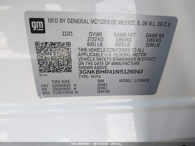 3GNKBHR41NS126043 Chevrolet Blazer Awd 2lt