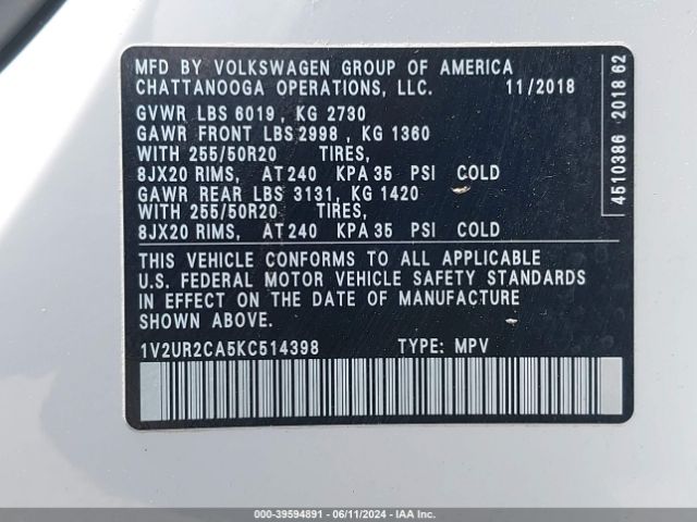 1V2UR2CA5KC514398 Volkswagen Atlas 3.6l V6 Se W/technology
