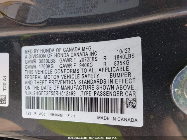 Honda Civic Sport 2024 2HGFE2F55RH512499 Image 9